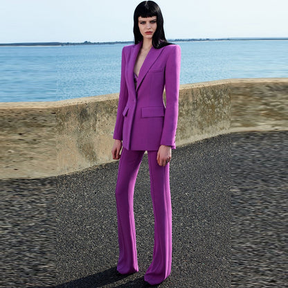 Magenta tailored blazer with high waist flared pants on seaside model flare pants blazer set for women