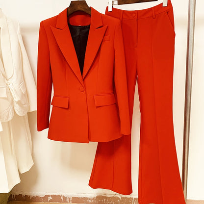 EtherealBe red tailored blazer and matching flare pants blazer set for women on wooden hangers