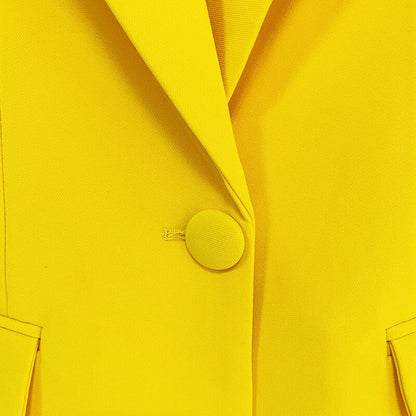 Yellow blazer close up showing lapel button and flap pockets EtherealBe flare pants blazer set for women