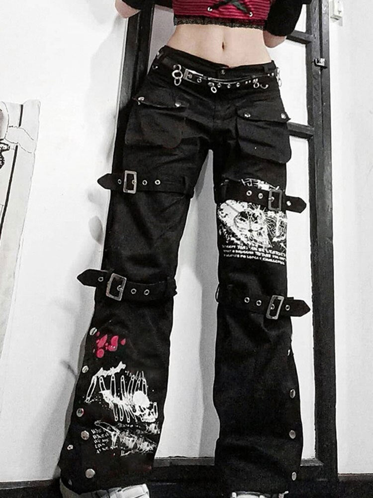 Black buckle eyelet pocket goth pants with multiple strap buckles patched graphics and utility pockets for streetwear style