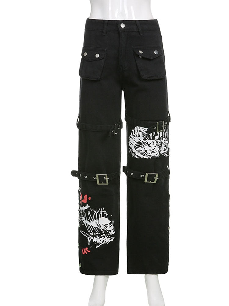 EtherealBe black buckle eyelet pocket goth pants with cargo pockets straps metal buckles and white skull floral prints