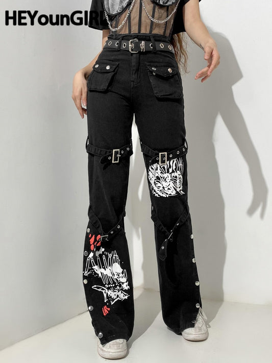 Black mall goth cargo pants women high waisted with multiple pockets buckles straps and white graphic prints