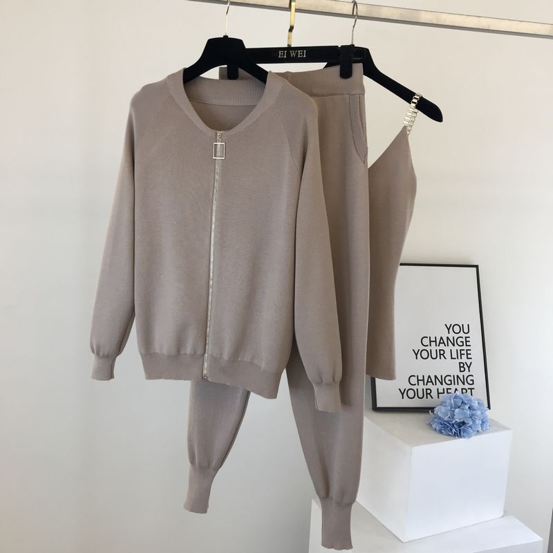 Taupe knit sweater and pants outfit for women with zip cardigan jogger pants and cami set