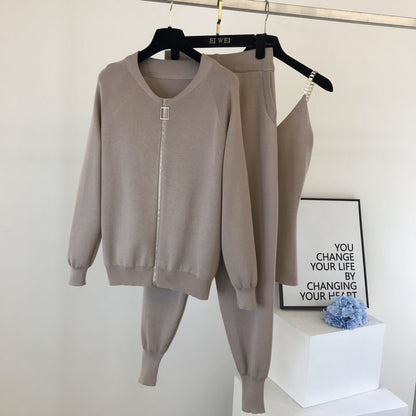 Taupe knit sweater and pants outfit for women with zip cardigan jogger pants and cami set