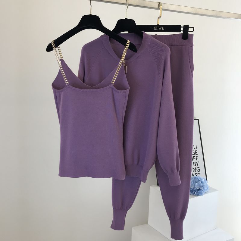 Lavender three piece knit sweater and pants outfit for women with chain strap tank crewneck sweater and jogger pants