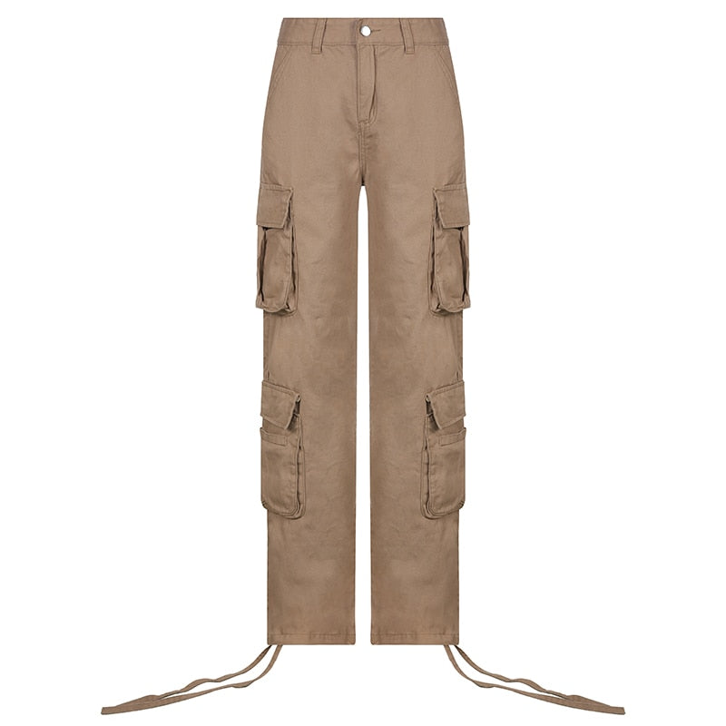 EtherealBe women's low waist cargo jeans in khaki with multiple flap pockets straight leg and ankle ties