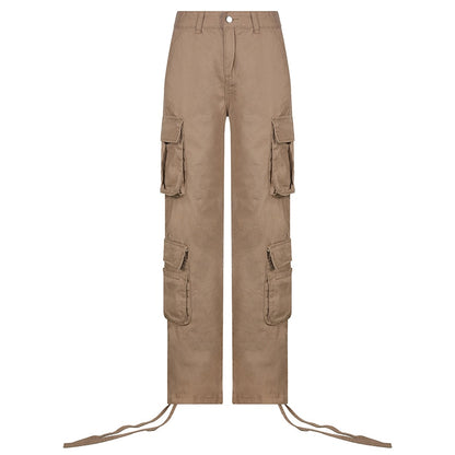 EtherealBe women's low waist cargo jeans in khaki with multiple flap pockets straight leg and ankle ties