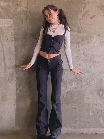 Stylish model wearing slim fit flare pants with pockets paired with a fitted top for a trendy look