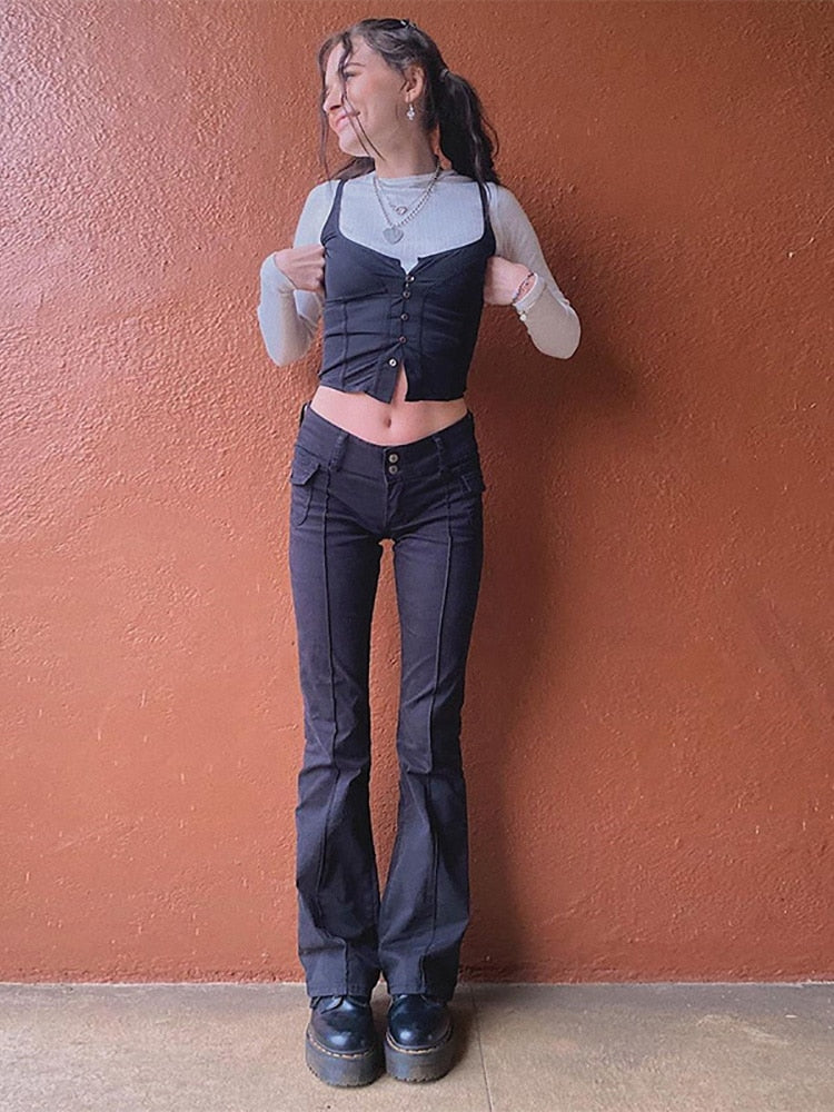 Black slim fit flare pants with pockets styled with a fitted crop top for a trendy look
