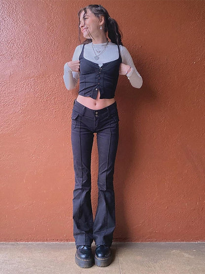 Black slim fit flare pants with pockets styled with a fitted crop top for a trendy look