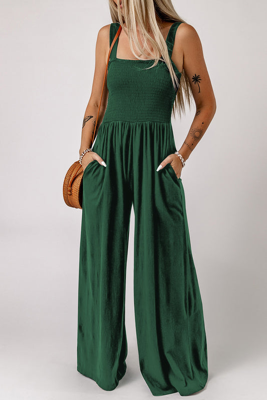 Trendsi smocked wide leg jumpsuit in green with pockets and a flattering fit for casual wear