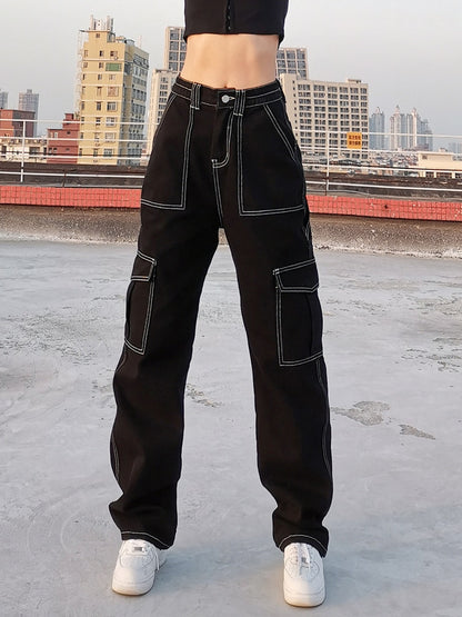 Black high waist baggy cargo jeans for women with white contrast stitching and cargo pockets