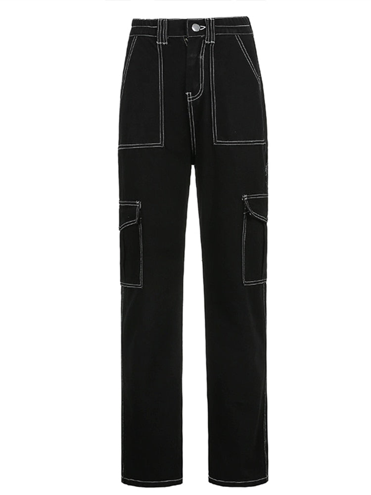Black baggy cargo jeans for women with white contrast stitching high waist and thigh cargo pockets