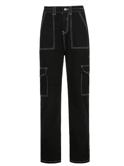 Black baggy cargo jeans for women with white contrast stitching high waist and thigh cargo pockets