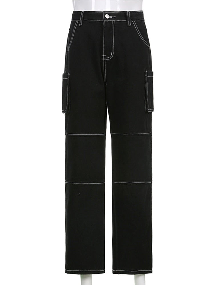Black baggy cargo jeans for women with white contrast stitching side flap cargo pockets and straight leg