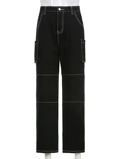 Black baggy cargo jeans for women with white contrast stitching side flap cargo pockets and straight leg