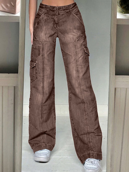 EtherealBe baggy cargo jeans for women brown wide leg utility pockets high waist relaxed fit worn with white sneakers
