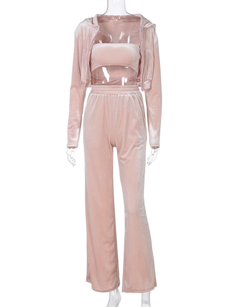 sporty velvet crop top 3pc tracksuit for women blush pink velvet hooded zip jacket crop tube top high waist pants