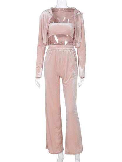 sporty velvet crop top 3pc tracksuit for women blush pink velvet hooded zip jacket crop tube top high waist pants