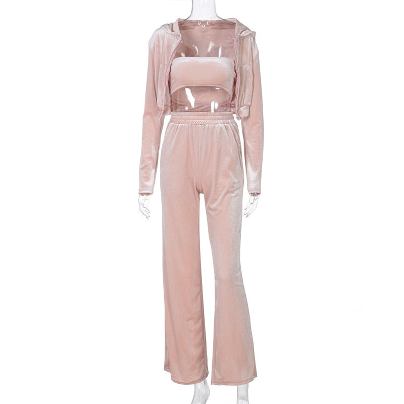 Blush pink sporty velvet crop top 3pc tracksuit for women with hooded jacket tube top and wide leg pants