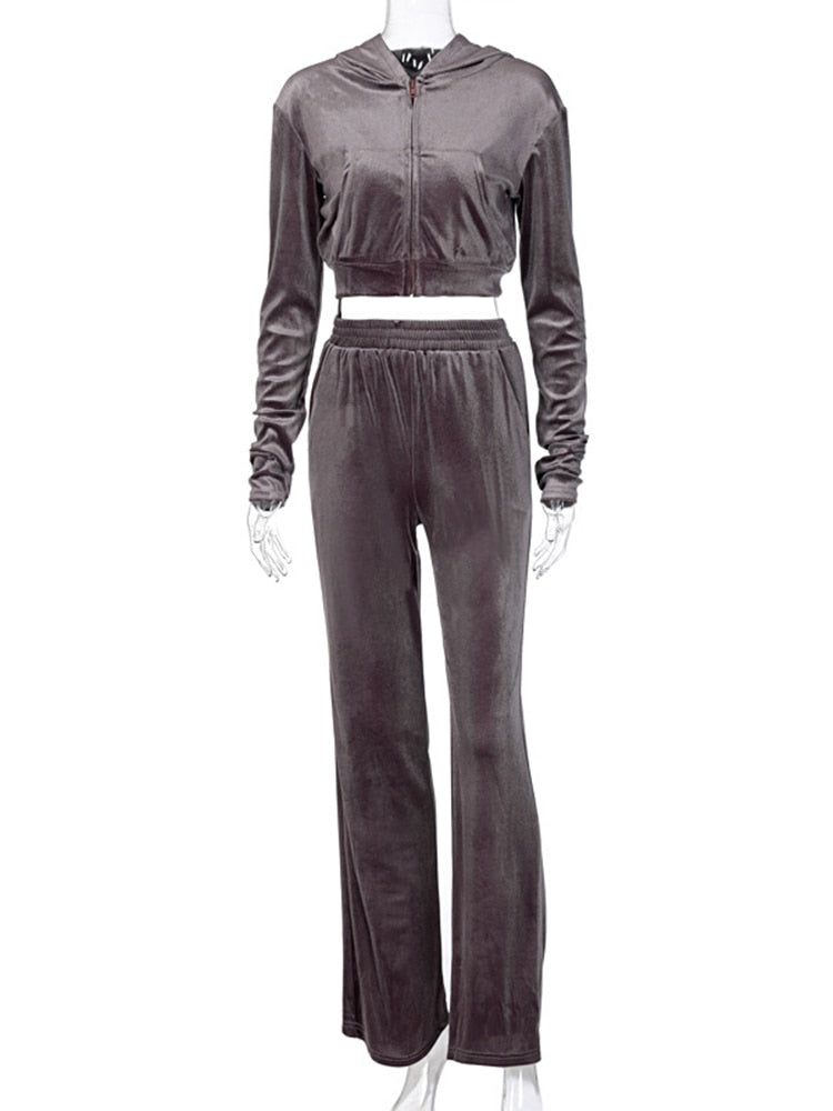EtherealBe sporty velvet crop top 3pc tracksuit for women in gray velvet zip cropped hoodie with high waist pants