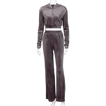 EtherealBe sporty velvet crop top 3pc tracksuit for women gray hooded zip crop jacket and high waist pants on mannequin