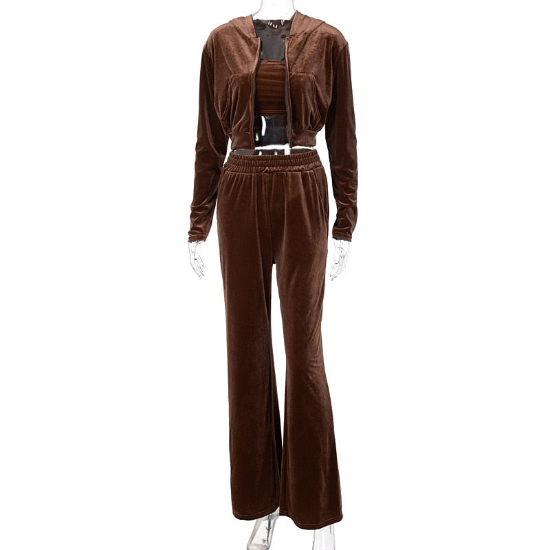 EtherealBe brown velvet three piece set hooded zip jacket crop top wide leg pants sporty velvet crop top 3pc tracksuit for women