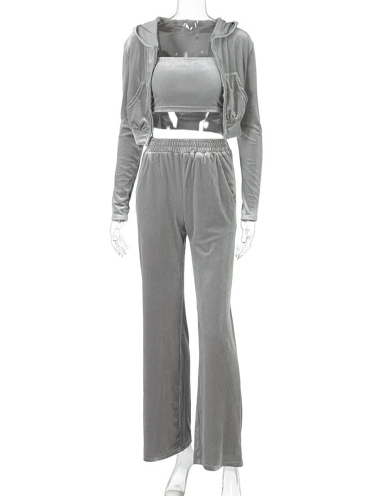 EtherealBe sporty velvet crop top 3pc tracksuit for women in silver gray with cropped hoodie bandeau and wide leg pants