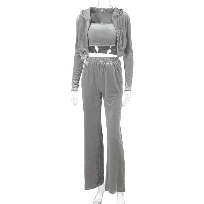 Grey velvet three piece set with cropped zip hoodie bralette and high waisted pants sporty velvet crop top 3pc tracksuit for women