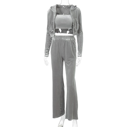 Grey velvet three piece set with cropped zip hoodie bralette and high waisted pants sporty velvet crop top 3pc tracksuit for women