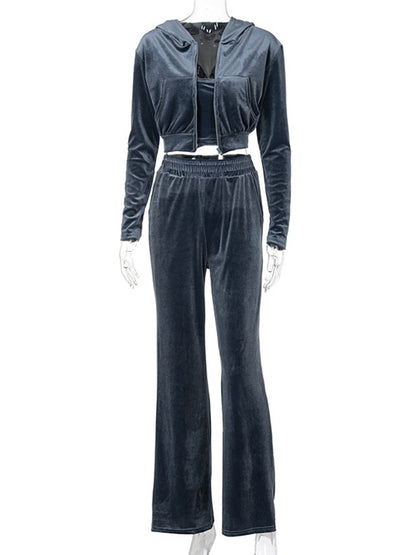 EtherealBe sporty velvet crop top 3pc tracksuit for women charcoal velvet cropped hoodie bra and high waisted wide leg pants
