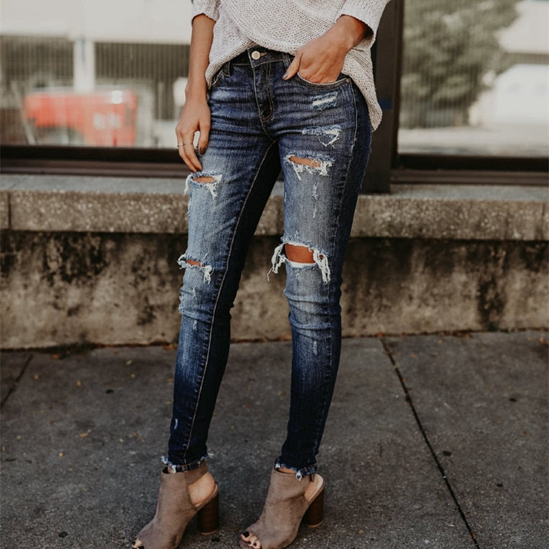 EtherealBe boyfriend ripped jeans for women dark wash distressed slim fit with knee rips and frayed hems