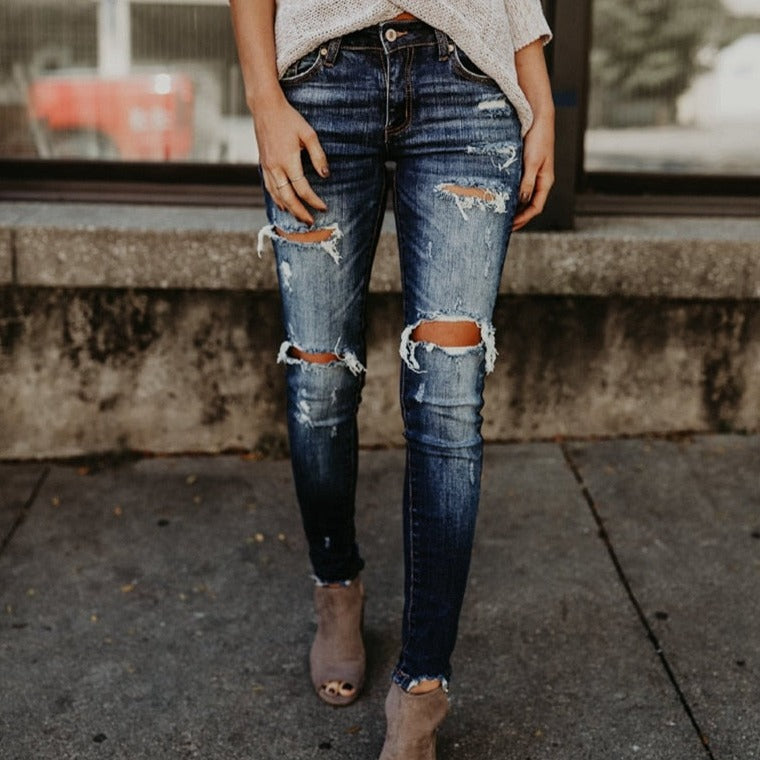 EtherealBe boyfriend ripped jeans for women dark wash distressed knees mid rise styled with beige booties