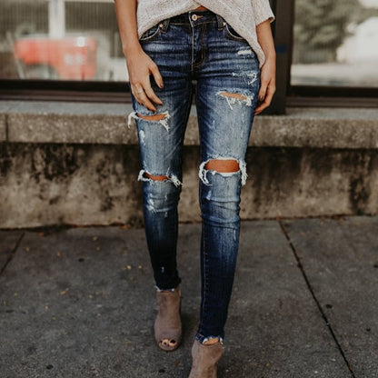 EtherealBe boyfriend ripped jeans for women dark wash distressed knees mid rise styled with beige booties