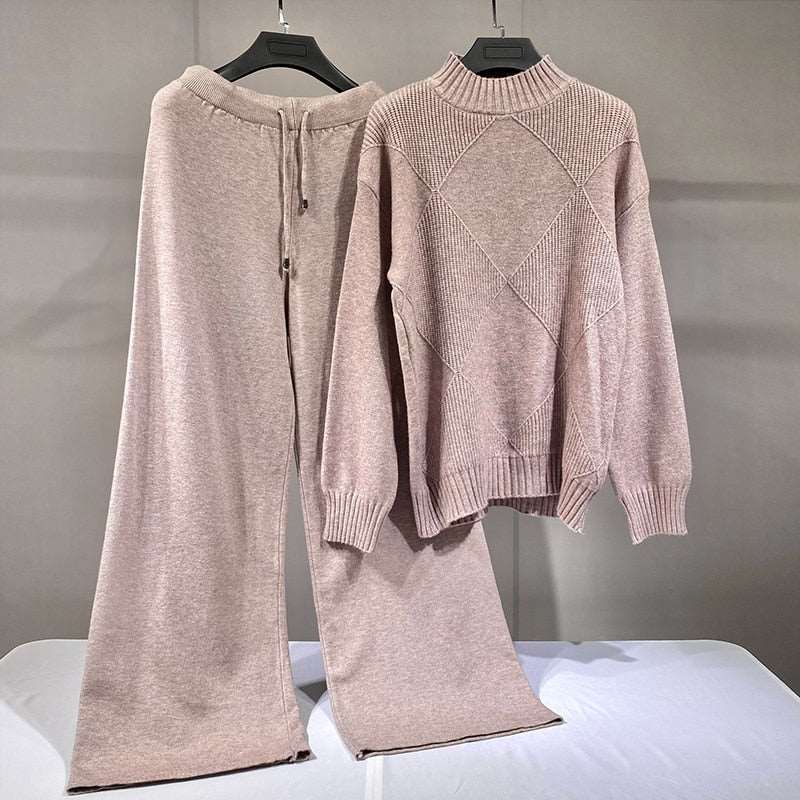 Dusty pink knit high neck sweater with textured diamonds and drawstring wide leg pants chic wide leg sweater pants set