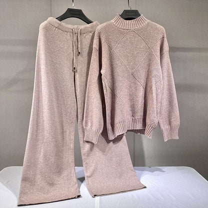 Dusty pink knit high neck sweater with textured diamonds and drawstring wide leg pants chic wide leg sweater pants set
