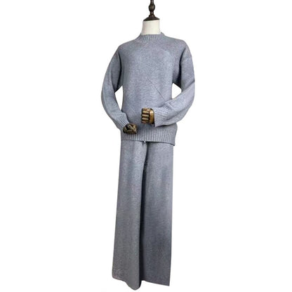 Gray knit crewneck chic wide leg sweater pants set on mannequin ribbed cuffs and relaxed fit