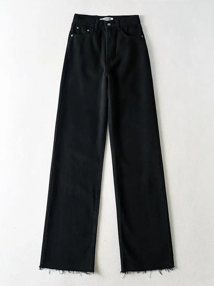 EtherealBe womens straight leg high waist jeans in black with fringe hem and classic five-pocket design