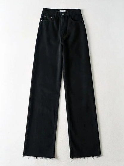 EtherealBe womens straight leg high waist jeans in black with fringe hem and classic five-pocket design