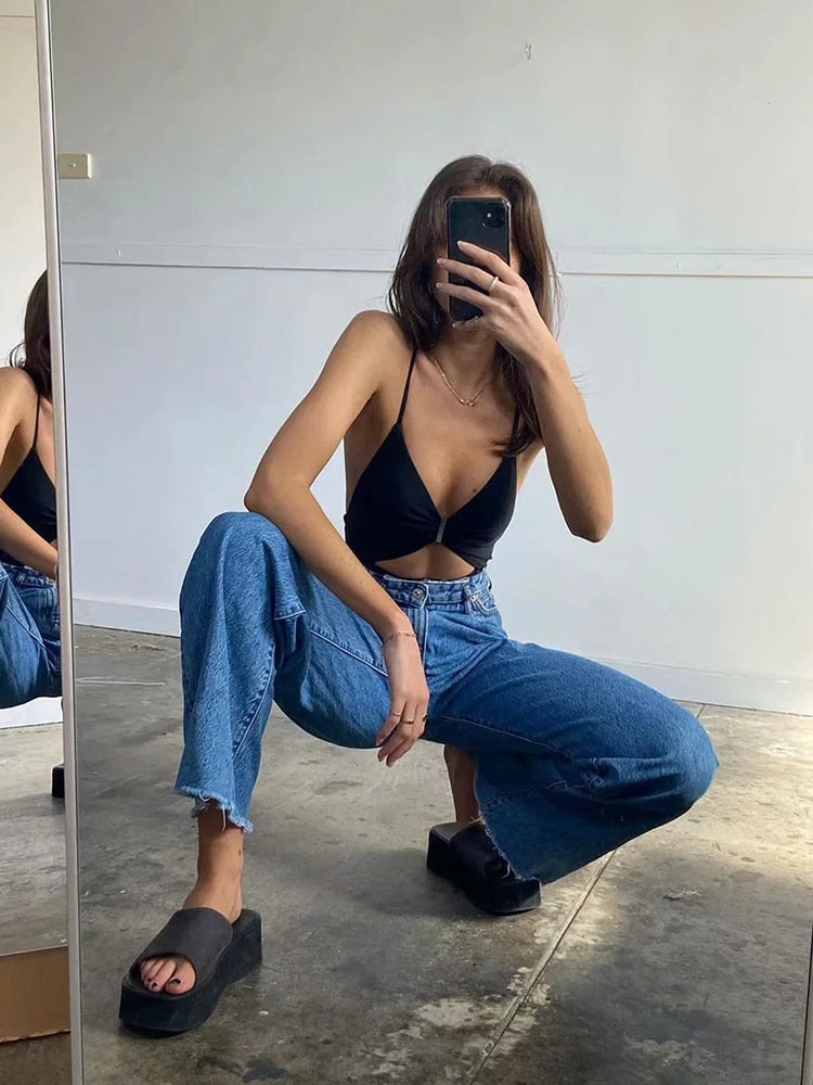 EtherealBe womens straight leg high waist jeans shown on model in casual pose