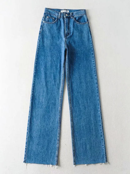 EtherealBe womens straight leg high waist jeans in blue denim with a chic, stylish design