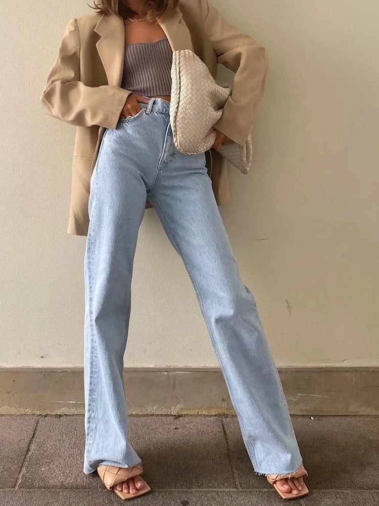 Outfit featuring EtherealBe womens straight leg high waist jeans in light blue with a stylish blazer