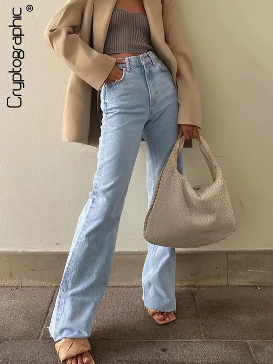EtherealBe womens straight leg high waist jeans in light blue, styled with a blazer and bag for a chic look