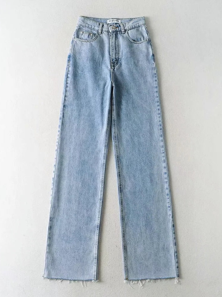 EtherealBe womens straight leg high waist jeans in light wash denim with a relaxed fit and raw hem