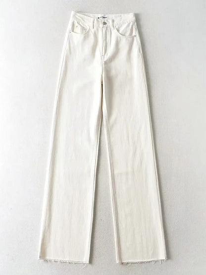 EtherealBe womens straight leg high waist jeans in white with a classic fit and frayed hem detail