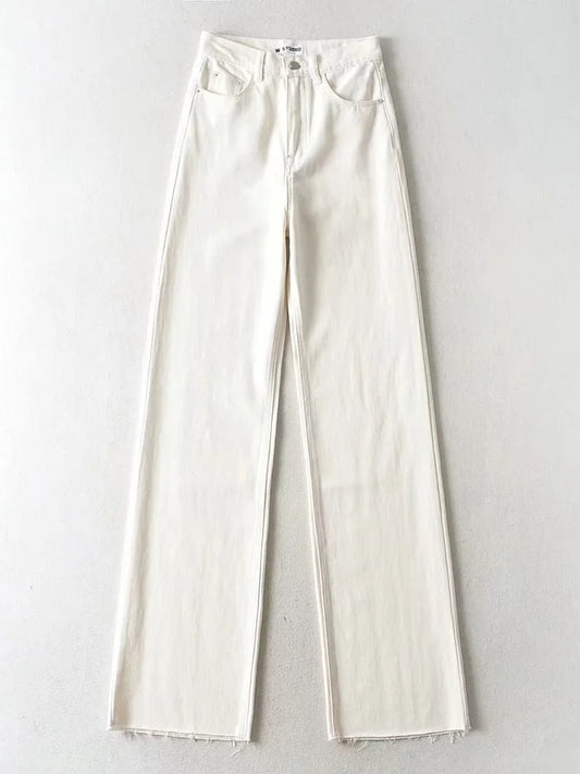 EtherealBe womens straight leg high waist jeans in white with a classic fit and frayed hem detail
