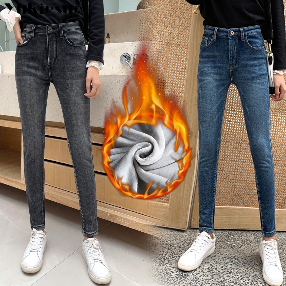 EtherealBe fleece lined skinny jeans for women in black and blue washes shown on models with white sneakers