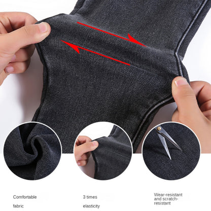 Hands stretching dark gray denim to show fleece lining and elasticity fleece lined skinny jeans for women