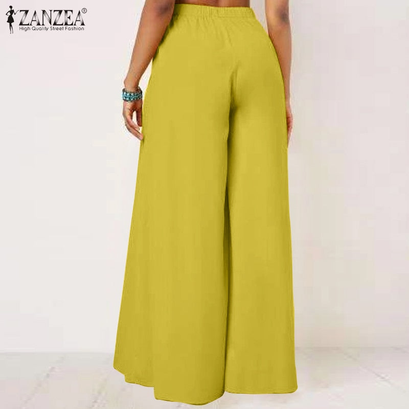 Chic fall flare trousers in mustard yellow with a comfortable elastic waistband for effortless style