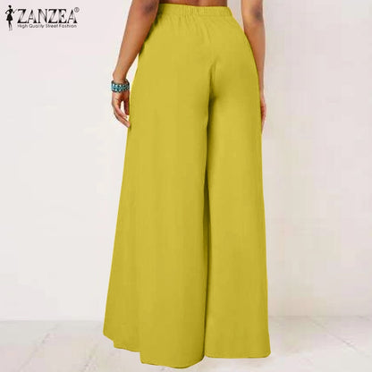 Chic fall flare trousers in mustard yellow with a comfortable elastic waistband for effortless style